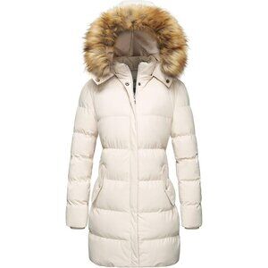 Women's Beige Winter Puffer Coat Warm Jacket With Removable Hood